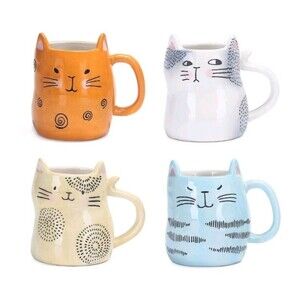 Cat Face Ceramic Mugs Set of 4 10oz Stoneware Coffee Cups 1 Cracked‎